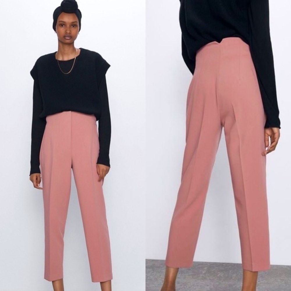 Zara-High Waisted Pleated Dusty Rose Trouser (Size:xs)